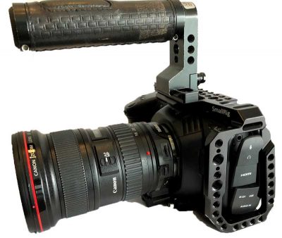 Blackmagic Pocket Cinema Camera 4K with cage lens and speedbooster